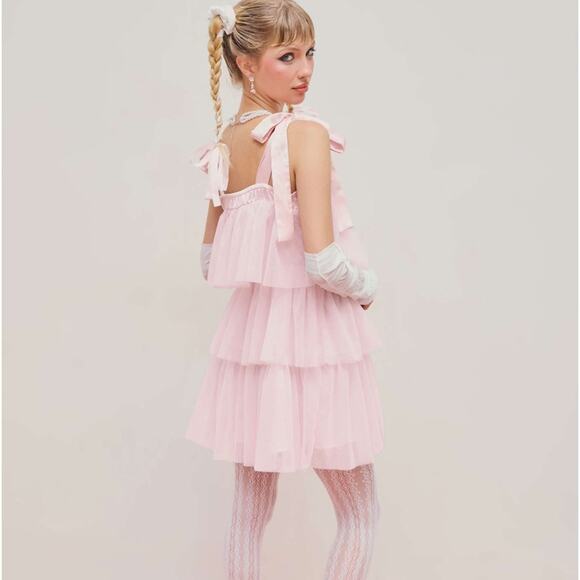 Cider Light Pink MESH U-NECKLINE TIERED BOWKNOT MINI DRESS Size XL NWT - Picture 2 of 12